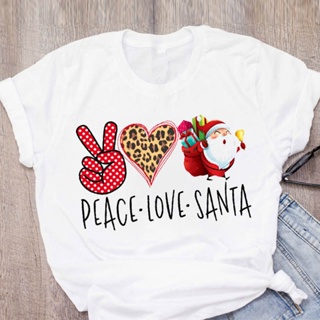 T-Leopard Heart Santa Women Graphic Cartoon Claus Clothes Merry Christmas Printed Tops Lady Tees Clothing Female T Shir