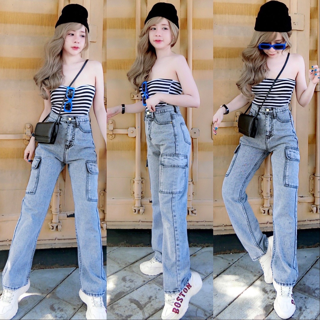Cc jeans 079 S-5XL กางเกงยีนส์ผู้หญิง ทรงกระบอก เอวสูง กระเป๋าข้างคาโก้ ฟอกเซอร์ – โปรปัง