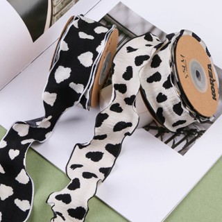 พร้อมส่ง ริบบิ้นผ้าลายหัวใจ ขาวดำ ขนาด 3.8 ซม.