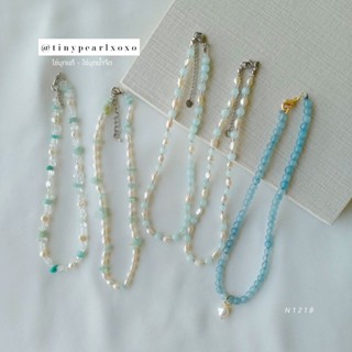 สร้อยหิน หินสีฟ้า ฟ้าอมเขียว x ไข่มุกน้ำจืด ไข่มุกแท้ ทรงรี Amazonite Stone Necklace Tinypearlxoxo N1218