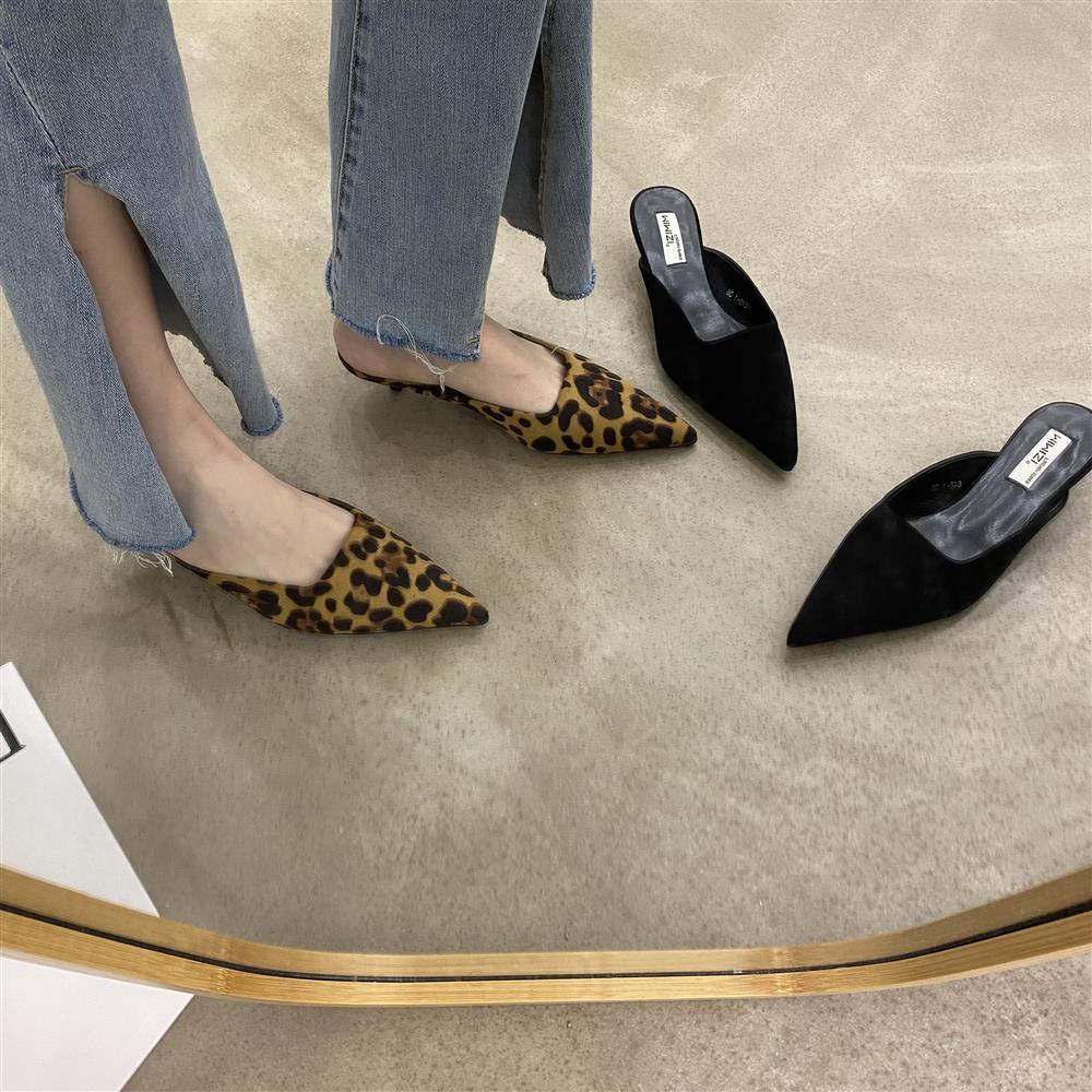 สไตล ์ ใหม ่ ขี ้ เกียจ Slip-On รองเท ้ า Baotou ครึ ่ งรองเท ้ าแตะผู ้ หญิง All-Match รองเท ้ าส ้ นสูงรองเท ้ าเสือดาวพิมพ ์ ขี ้ เกียจ Pointed Toe รองเท ้ าปากตื ้ น Slip-On รองเท ้ าอินเทรนด ์