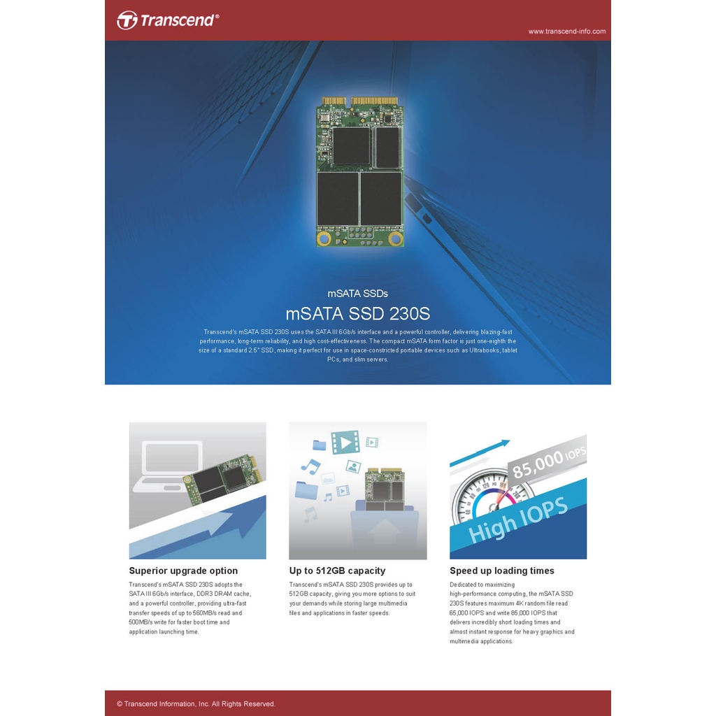 Transcend mSATA SSD 230S : 512 GB :MSA230S(R max 560 MB/s / W max 500 MB/s)  รับประกัน 3 ปี -มีใบกำกับภาษี-TS512GMSA230S