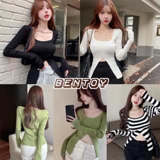 Bentoy(M1022)เสื้อแขนยาวไหมพรม หน้าวี ดีเทลเปิดสะดือ เซ็กซี่