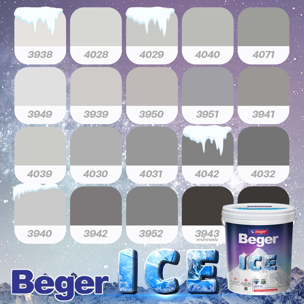 สีทาบ้าน 18 ลิตร Beger สีเทา กึ่งเงา Beger ICE สีทาภายนอกและใน เช็ดล้างได้ กันร้อนเยี่ยม เบเยอร์ ไอซ์
