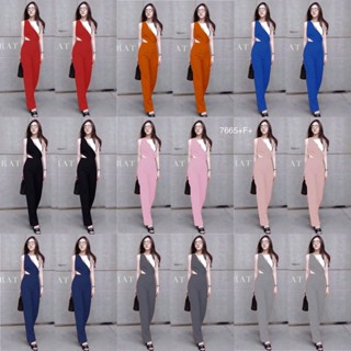 CS7665  Jumpsuit ชุดจั้มสูทแขนกู๊ดขายาว แต่งด้านบนเป็นโทน 2 สี  Jumpsuit Long sleeve jumpsuit. Make up the top in a tone