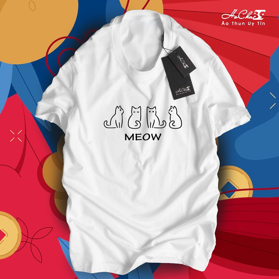 MEOW เสื้อยืด - HC0694 - T1222 - 4C ผ้าคอตตอนมีสายคล้องคอ สินค้าคุณภาพสูง (ภาพจริง)