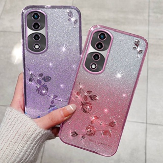 เคสโทรศัพท์มือถือ ซิลิโคนนิ่ม TPU ใส ลายดอกกุหลาบ ประดับพลอยเทียม กลิตเตอร์ ระยิบระยับ แฟชั่น สําหรับ Honor 70 Pro Plus 80 SE 5G Honor70 5G