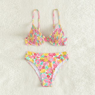 (พร้อมส่ง) Bikini บิกินี่ลายดอก ดีเทลผ้าย่นๆน่ารัก มีโครงและฟองน้ำ ลายดอกสีพาสเทล