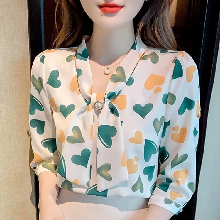 เสื้อชีฟองพิมพ์ลายแฟชั่นสําหรับผู้หญิงเสื้อคอตั้งแบบบางแขนสั้นอารมณ์