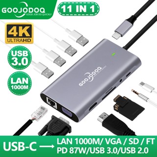 Goojodoq 11 in 1 ฮับ USB C สําหรับเครื่องอ่านการ์ด Dell HP MacBook Pro Type C HDMI PD 3.0 USB RJ45 VGA PD AUX TF SD