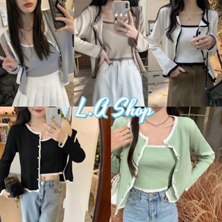 L.A. Shop พร้อมส่ง เซ็ท เสื้อสายเดี่ยว+เสื้อคลุมไหมพรม ผ้าร่องใส่สบายสีพาสเทลน่ารัก "9193+9193-1"