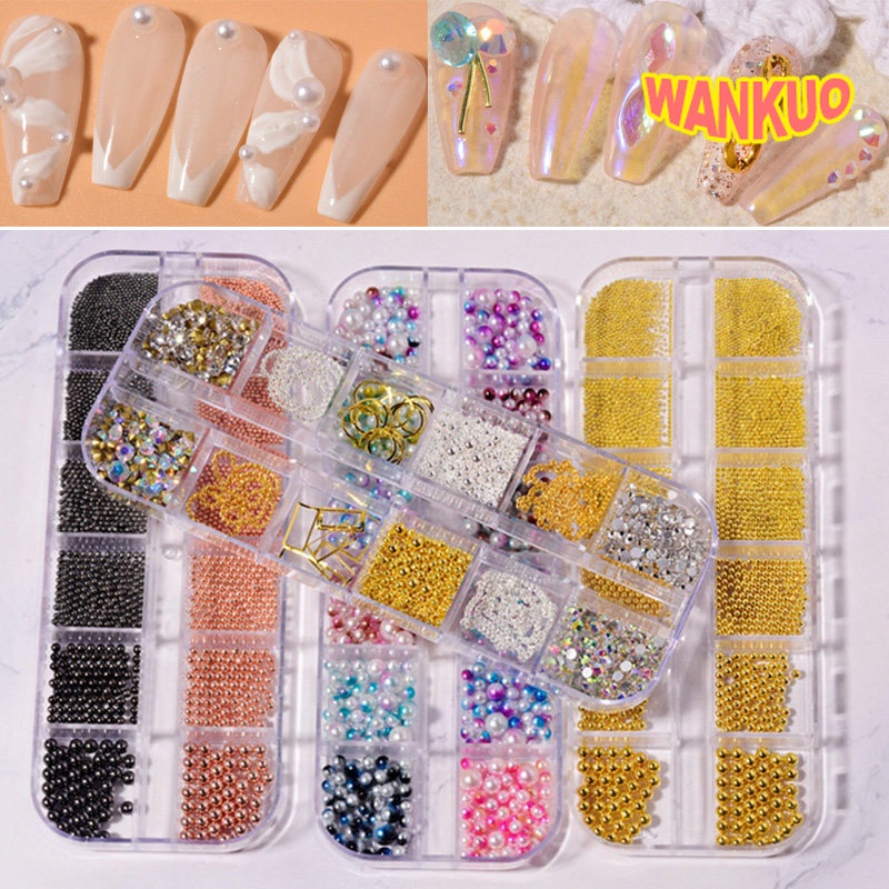 【WANKUO】ใหม่ ชุดสติกเกอร์โซ่โลหะ ประดับไข่มุก พลอยเทียม สไตล์ญี่ปุ่น สําหรับตกแต่งเล็บ