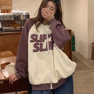 Suxi เสื้อแจ็กเก็ตเบสบอล แขนยาว ทรงหลวม สไตล์วินเทจ แฟชั่นฤดูใบไม้ร่วง สําหรับผู้หญิง