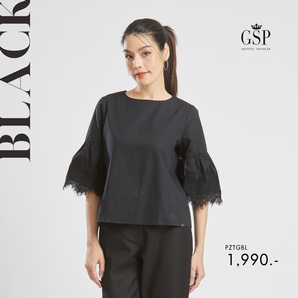 GSP เสื้อผู้หญิง เสื้อเบลาส์คอตตอน สีดำ แขนบานแต่ง(PZTGBL)