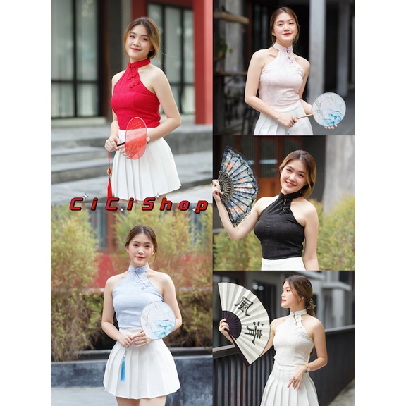 Cicishop SALE(3059)Crop top เสื้อครอปกี่เพ้าคอจีนกิมมิคผ้าทอลาย ใส่ต้อนรับลุคตรุษจีนปังๆ