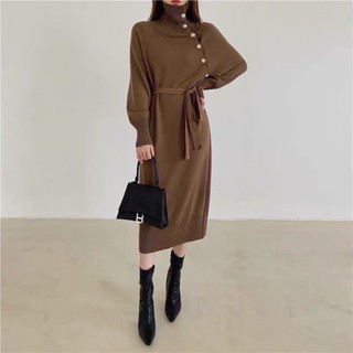 🌈🌿🌺🌸🌼🧡🤎🇰🇷 Knit Slant Button Long Sleeve Maxi Dress