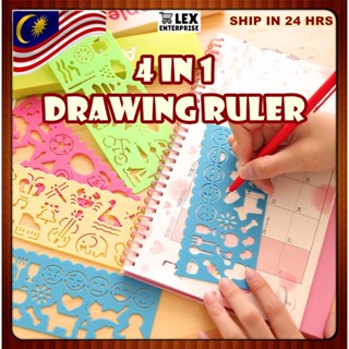 【4 In 1】ไม้บรรทัดวาดภาพ 4 สี 4 ชิ้น รูปการ์ตูน pembaris lukis corak gambar 4 ชิ้น