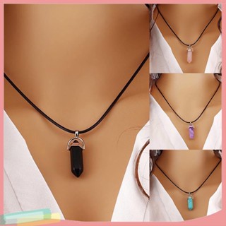 LK❈Unisex Retro Faux Leather Reiki Chakra Healing Quartz Pendant Choker Necklace