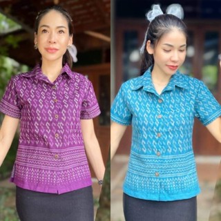 เสื้อเชิ้ตผ้าฝ้ายหมักโคลนพิมพ์ลาย ลายขอพระราชทาน เนื้อนุ่ม