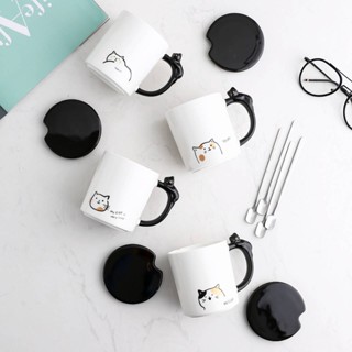 แก้วมัค ลายน้องแมว พร้อมฝาปิดสีดำ และช้อนกาแฟ แก้วชากาแฟ ใส่เครื่องดื่มต่างๆ ทำจากเซรามิก ขนาด360ml