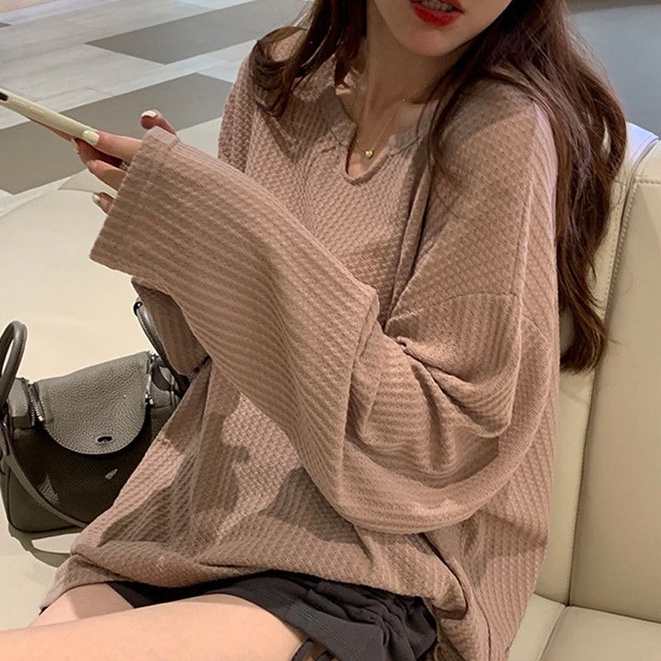 【WJZ】สไตล์เกาหลีแฟชั่นผู้หญิงวาฟเฟิล U คอหลวมเสื้อแขนยาว【9003】