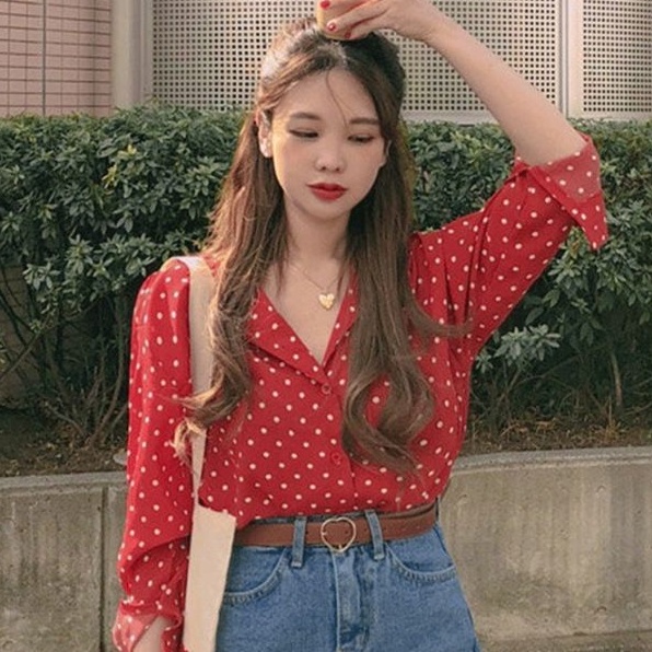ส่งด่วนในไทย🚚อกได้ถึง 56" เชิ้ตสาวอวบลายจุด ชุดทำงานสาวอวบ ลายจุดเล็ก