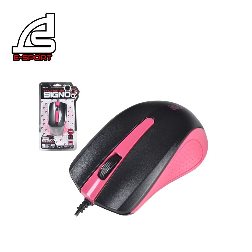 SIGNO Optical Mouse MO-230 (สีดำ-ชมพู) WIRED BESICO OPTICAL MOUSE 1000DPI รับประกันศูนย์1ปี