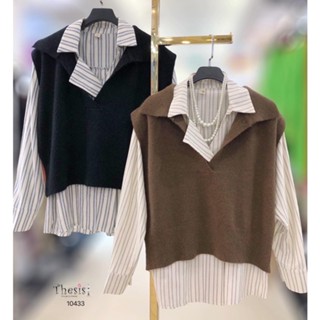 🇰🇷NEW ARRIVAL🇰🇷 เซ็ต2ชิ้น เสื้อเชิ้ตลายริ้วตัวใน ใส่คลุมทับด้วยเสื้อกั๊กผ้าknitทอปกpoloตัวนอก เป็นเซ็ต2ชิ้นแยกนะคะ