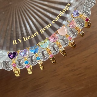 ILY heart gem hoop (18k+brass) - ต่างหูห่วงสีทองประดับพลอยหัวใจหลากสี