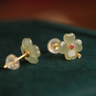 Lucky ต่างหูหยก รูปใบโคลเวอร์สี่แฉก สไตล์เรโทร สําหรับผู้หญิ…