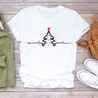 T-Women Simple Star Tree Print T Shirt Holiday New Year Merry Christmas T Shirts Trend Graphic Travel Top Tshirt Ladies