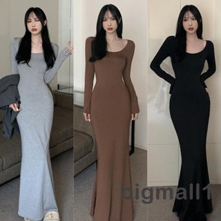 Bigmall- ชุดเดรสยาว แขนยาว คอยู ทรงสลิมฟิต สีพื้น หรูหรา สําหรับผู้หญิง