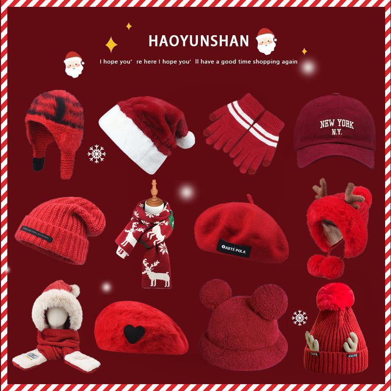 หมวกเบเร่ต์ ผ้าพันคอ ผ้าขนสัตว์ ให้ความอบอุ่น สีแดง เหมาะกับของขวัญคริสต์มาส แฟชั่นฤดูใบไม้ร่วง และฤดูหนาว