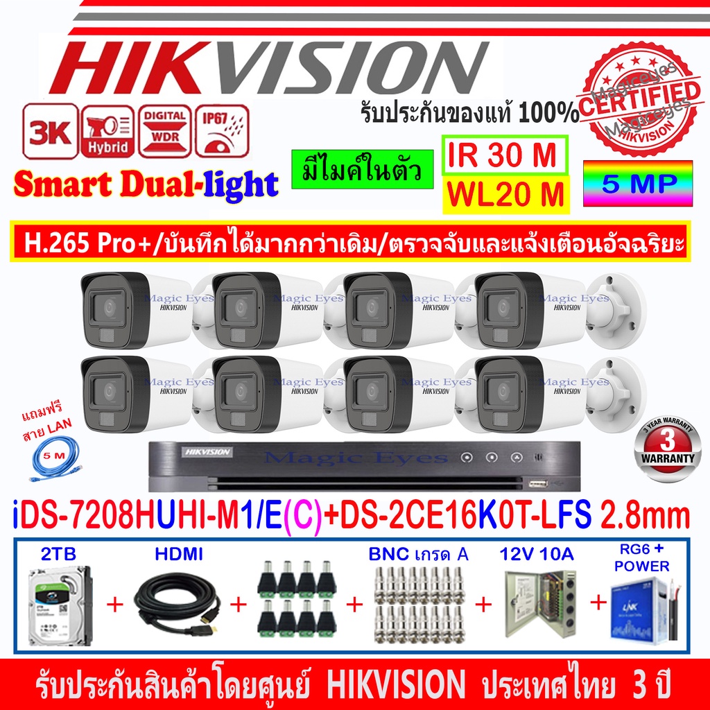 Hikvision 3K รุ่น DS-2CE16K0T-LFS 3.6//2.8 (8)+DVR IDS-7208HUHI-M1/E(C)(1) +ชุด2H2JBP/AC หรือ ชุด4H2