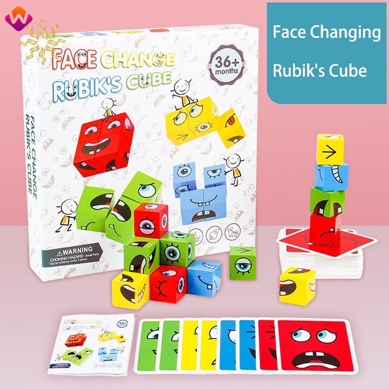 จับคู่ไม้ Emoji ปริศนา Magic Building Cubes เรขาคณิตปริศนา Cube ตลก Emoji ไม้ Cube Montessori ของเล่