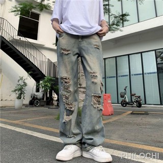 American Retro High Street Tide Brand Ripped Washed Jeans กางเกงลำลองผู้ชายขนาดใหญ่