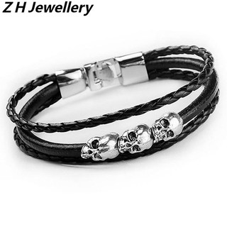 [Z H Jewelry] สร้อยข้อมือหนัง รูปกะโหลก สไตล์ฮิปฮอป ร็อค เรโทร เครื่องประดับแฟชั่น สําหรับผู้ชาย