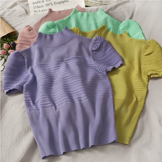 ★พร้อมส่ง★เสื้อถักแขนสั้น คอสูง เข้ารูป สีพื้น สไตล์เกาหลี แฟชั่นฤดูใบไม้ผลิ สําหรับผู้หญิง 2022