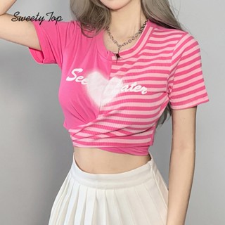 Lanlanlolo เสื้อแขนสั้น คอกลม พิมพ์ลายทาง แบบผูกเชือก เข้ารูป สําหรับผู้หญิง