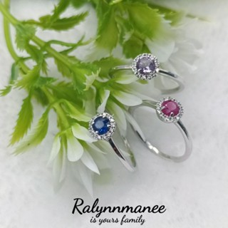 R6401 แหวนพลอยไพลิน พลอยอเมทิสต์ และพลอยทับทิม (Blue sap.,Amethyst,Ruby ) ตัวเรือนแท้ 925 ชุบทองคำขาว