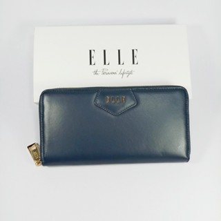 ELLE bag กระเป๋าสตางค์ผู้หญิงใบยาว ซิปรอบ สีน้ำเงินกรมท่า หนังแท้หนังเรียบ อะไหล่ทอง