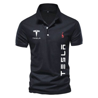 ใหม่ เสื้อยืดโปโล ผ้าฝ้าย 100 แขนสั้น พิมพ์ลายโลโก้รถยนต์ Tesla สําหรับผู้ชาย