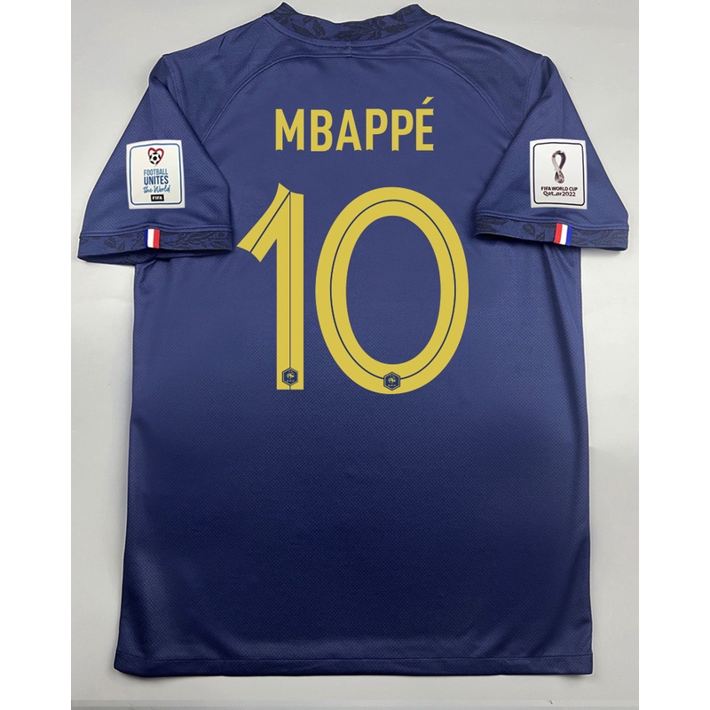 เสื้อบอล แฟนบอล ทีมชาติ ฝรั่งเศส เหย้า 2022-23 France Home เบอร์ชื่อ 10 MBAPPE 19 BENZEMA อาร์มฟุตบอลโลก World Cup 2022