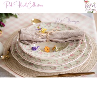 Violet Flamingo จานเซรามิกลายดอกไม้สีชมพู Pink Floral Plate งานส่งออกต่างประเทศ เกรดคุณภาพ