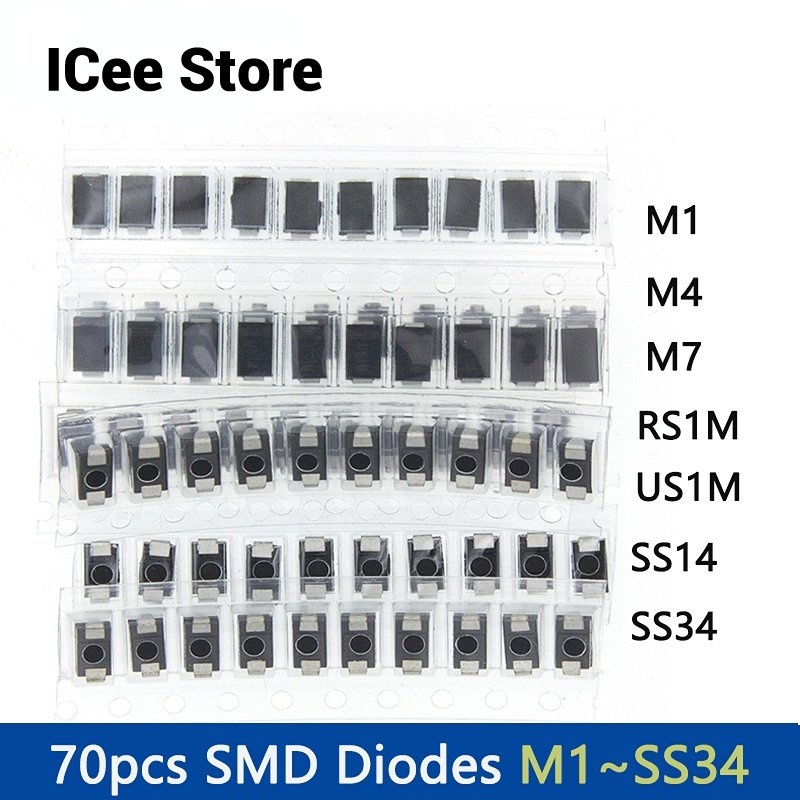 ชุดไดโอดชอทท์กี้ อิเล็กทรอนิกส์ SMD 1N4007 M7 1N4001 M1 1N4004 M4 SS14 US1M RS1M SS34 7 Values*10 ชิ้น 70 ชิ้น