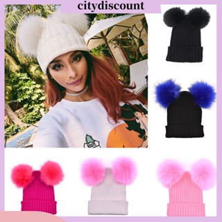 &lt;citydiscount&gt; หมวกบีนนี่ ผ้าถัก ขนเฟอร์เทียม ปอมปอม น่ารัก อบอุ่น แฟชั่น สําหรับผู้หญิง