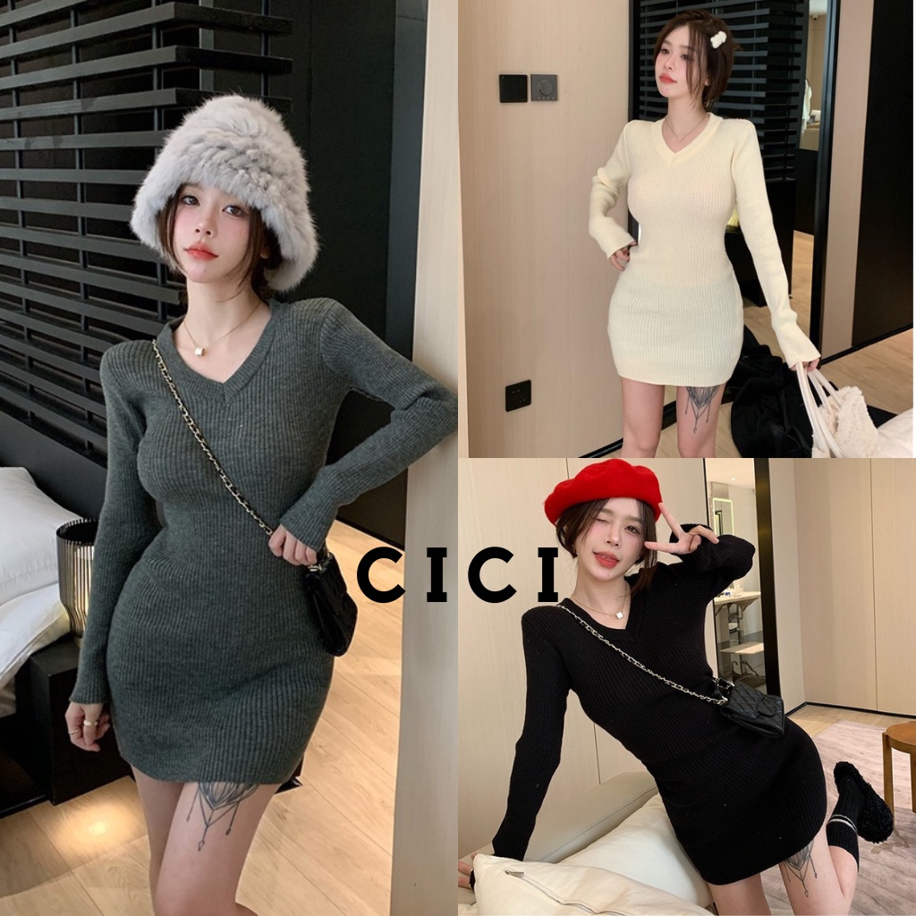 ส่งทันที Cici(NO. 29041)ชุดเดรสแขนยาวไหมพรมสีพื้นเบสิค คอวี ผ้าร่องเข้ารูปทรงสวยจะใส่เป็น everyday look ได้เลย