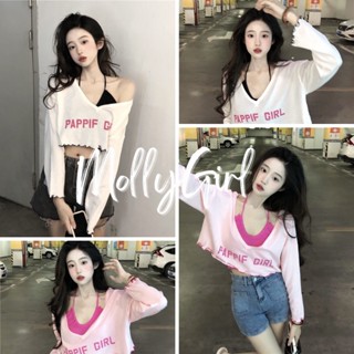 Mollygirl เสื้อแขนยาวเสื้อสายเดี่ยวด้านใน ลายริ้ว สกรีนน่ารัก เสื้อครอป เสื้อแฟชั่นผญ 2076#