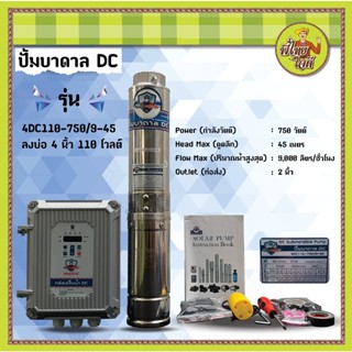 ปั๊มบาดาลโซล่าเซลล์ DC Brushless 750 วัตต์ 110v มิตซูแม๊กซ์  (4DC110-750/9-45) ปริมาตรน้ำ 9 คิว ดูดลึก 45 เมตร