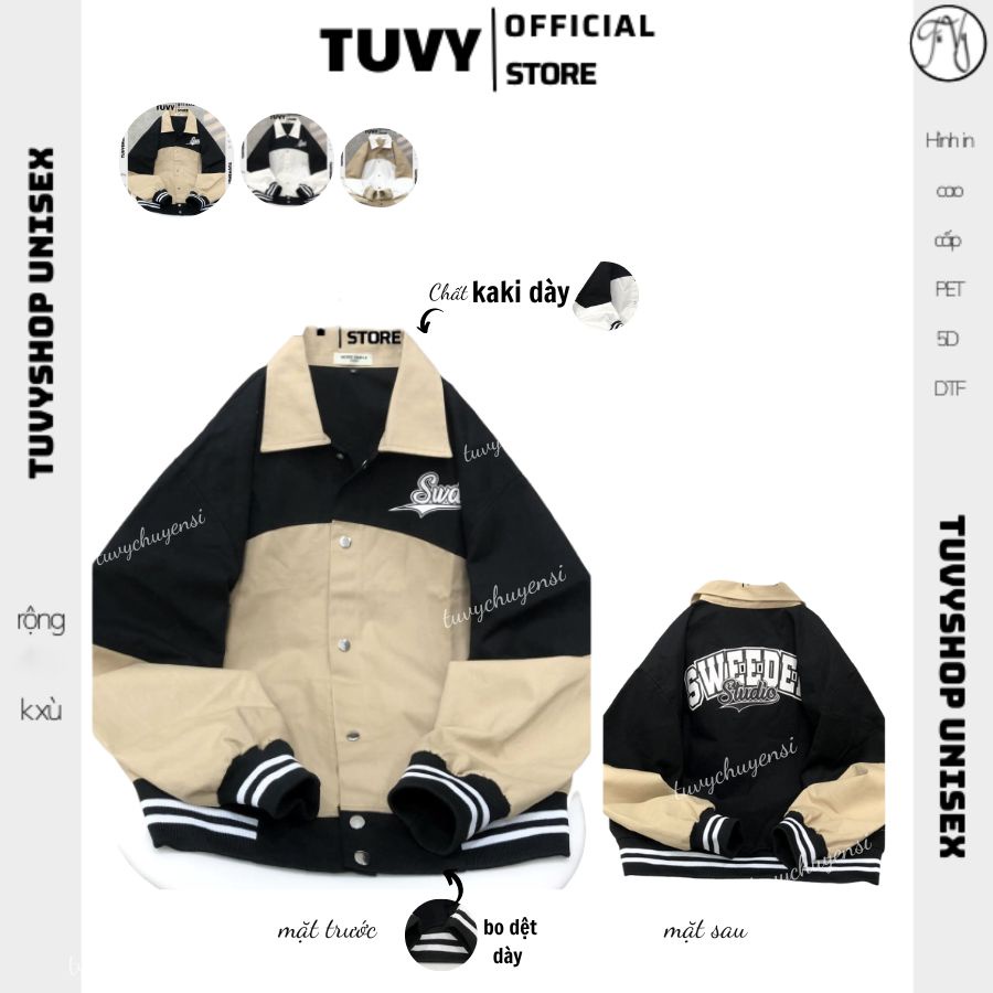 STUDIO Bomber Jacket Loose Form ผ้าสีกากีหนา Ulzzang Unisex Style 🖤 ไม่จํากัดเพศ ชายและหญิงสีดําสีเบ